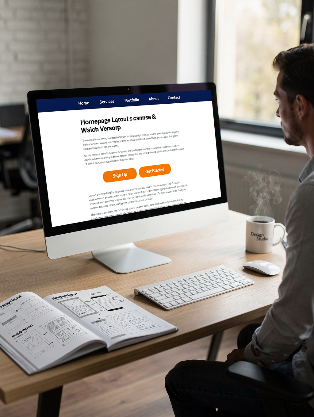 Designer working on a high-converting website layout on a large monitor
