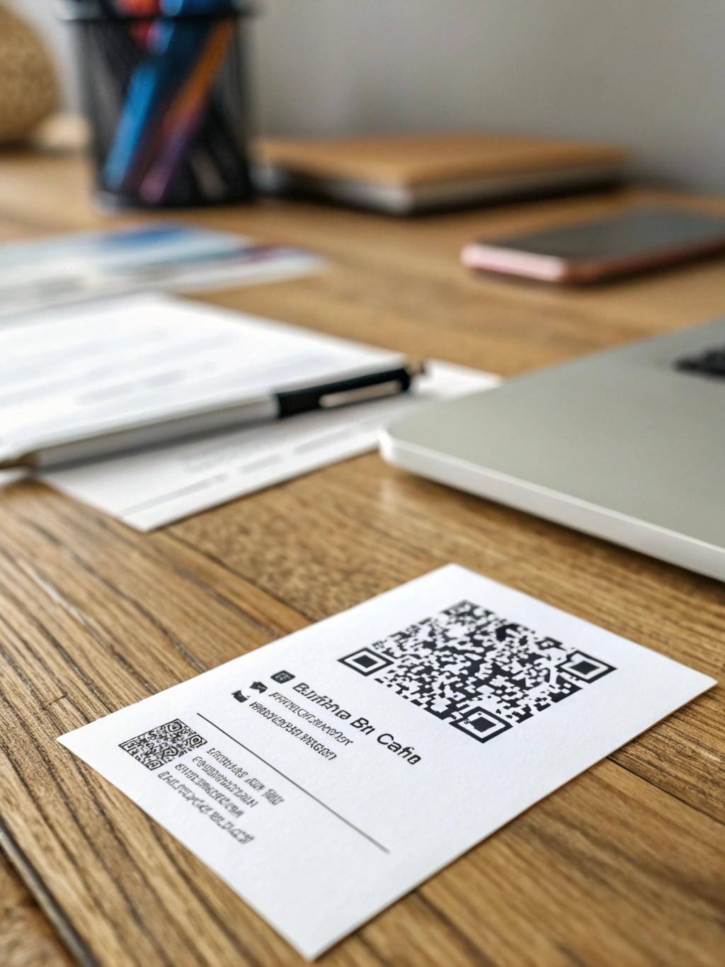 Business card with a QR code being scanned by a smartphone