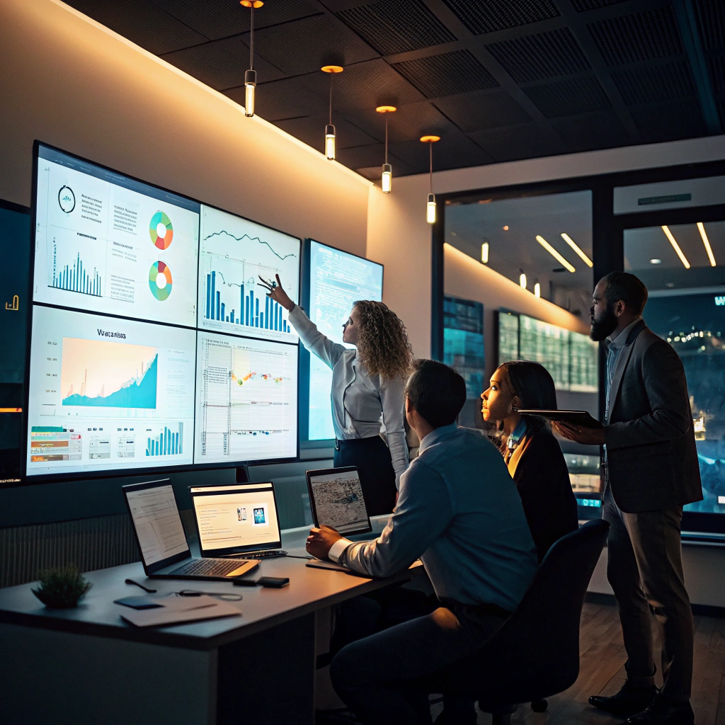 Team reviewing marketing analytics on a screen