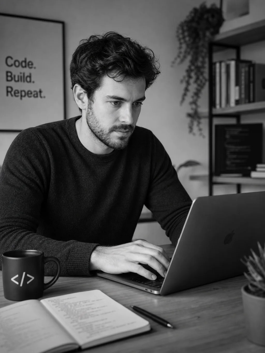 Portrait of Marcus Thorne, Technical Lead, coding at a workstation.