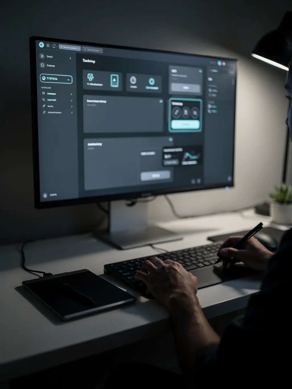 Designer working on a modern website layout on a large monitor